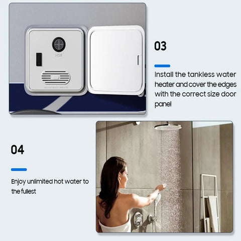 Instant On Tankless Propane Water Heater For Campers Rv showing installation panel and someone enjoying a hot shower.