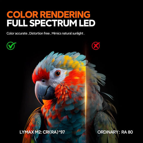 Parrot image demonstrating color rendering with full spectrum LED technology and comparison of LYMAX M2 CRI 97 vs Ordinary RA 80.