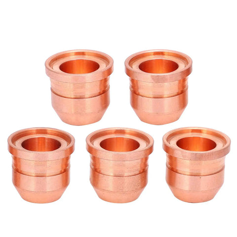Awesome 5 Piece Plasma Nozzle Kit With Electrode Tips Compatible With Most Cutting Machines For Tough Jobs And Reliable High Temp Performance, showing five copper nozzles.