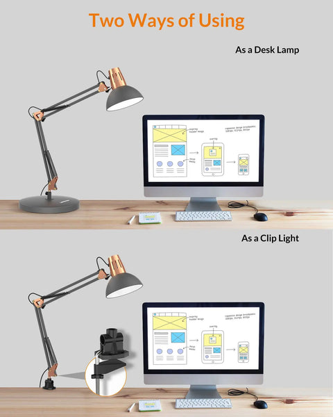 Rock Solid Metal Desk Lamp With Swing Arm And Clamp For Home Office Reading Light Built Tough Base adjustable for desk and clip use.