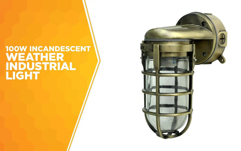 Industrial 100W Incandescent Wall Mount Light in Antique Brass, Built Tough Weatherproof Metal Die Cast Construction