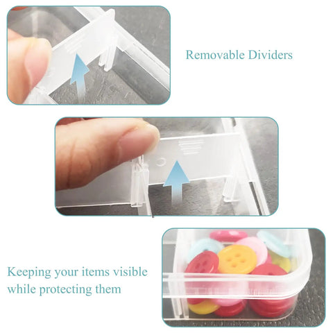 Fishing Tackle Box With Adjustable 15 Dividers Clear See Through Storage Organizer showing close-up of removable dividers and contents