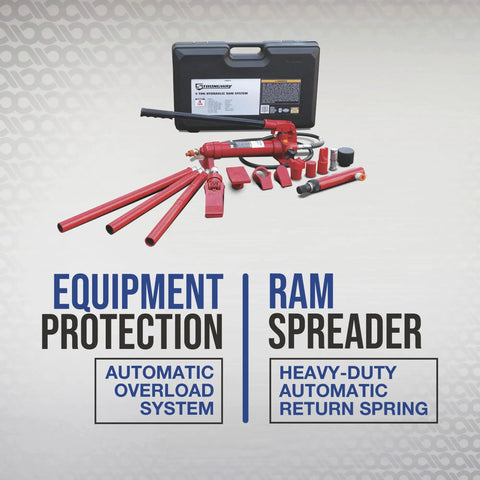 Heavy Duty Hydraulic Portable Ram Kit 4 Ton Capacity 17 Piece Set High Grade Steel with hose and pump in protective case.