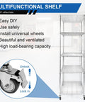 Beefy 5 Tier Wire Shelving Unit with brake wheels and features list in a bright kitchen setting
