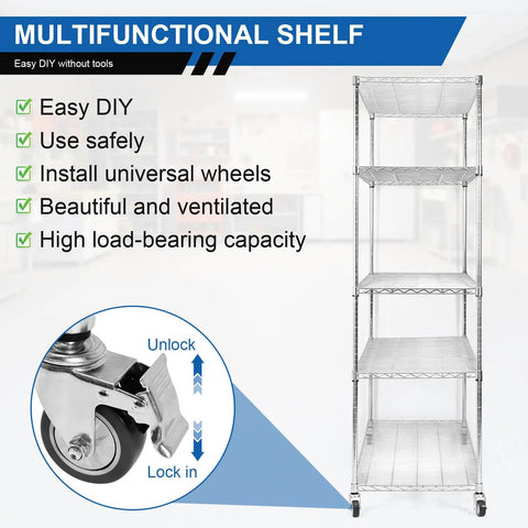 Heavy Duty Five Tier Wire Shelving Storage Rack With Hella Beefy 7500 Pound Capacity Rock Solid Adjustable Metal Build with wheels.