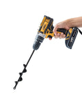 Hand holding drill with Set Of 3 Garden Auger Drill Bits For Planting 1.6 By 12 Inch attached, for planting and digging