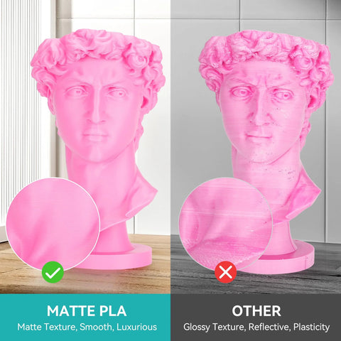Pink matte PLA 3D printer filament demonstration on a bust, left matte and right glossy finish.
