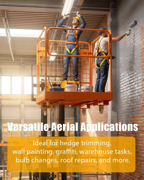 Heavy Duty Forklift Safety Cage Built Like Armor With Nonslip Mesh Deck Measures 36 by 36 Inches Holds Up To 1200 Lbs in use for wall painting.