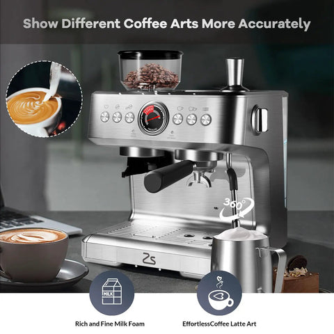 Next Level Semi Automatic Espresso Machine With Built In Grinder, 20 Bar Pump Pulls Crisp Shots And Silky Foam Through Frothing Steam Wand, Boasts 30 Settings And Spacious 2.8 Liter Tank For Sweet Daily Brews with coffee art detail.