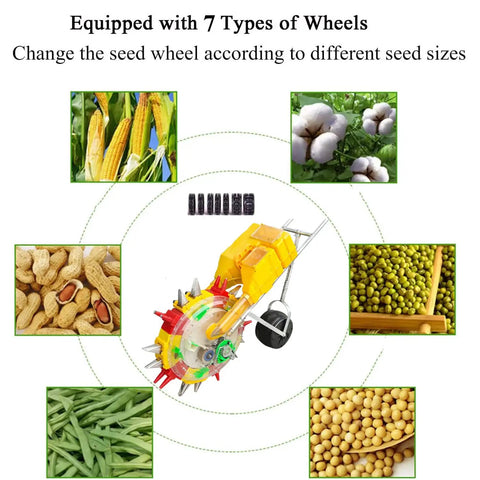 Manual Seeder Hand Push Garden Spreader Workhorse Walk Behind Planter With Dual Seed And Fertilizer Buckets Roller Seeding for corn, soybean, cotton, peanut with 7 seed wheels.