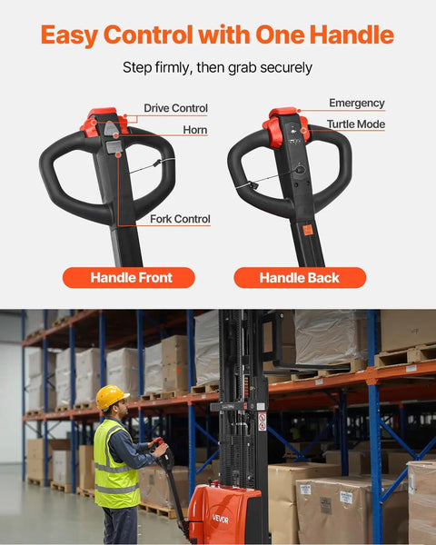 VEVOR Full Electric Pallet Stacker Forklift Hauling 3,300 Lbs With A Mighty 98.4 Inch Lift Height For Warehouses, showing handle controls for easy operation.