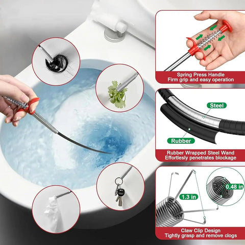 118 Inch Flexible Drain Cleaning Snake Grabber Reacher Tool For Clogged Sinks, Toilets, Tubs, And Gutters, Hair And Debris Removal In Tight Corners With Bendable Spring Design For Easy DIY Home Plumbing