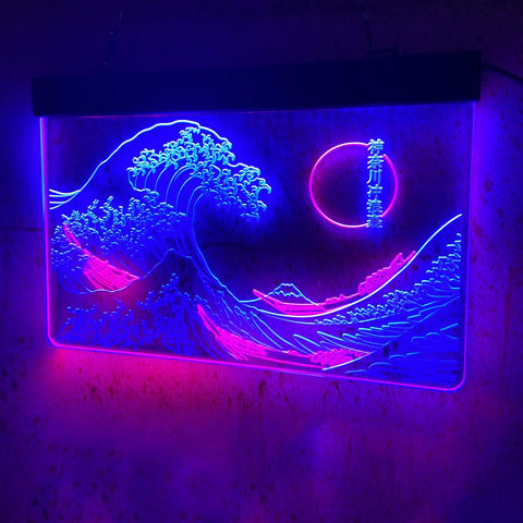 Great Wave Neon Sign Wall Decor LED Light With Lit Blue And White Glow 24 By 16 Inches Handmade Japanese Wave Art For Home Bar Man Cave