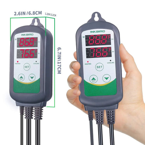Hand holding Smart WiFi ITC308 Digital Temperature Controller For Home Brewing, Fermentation, showing size and LED display.