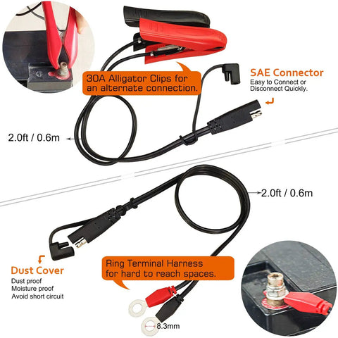 No Fuss Automatic Smart Battery Charger For 12 Volt Cars features alligator clips and SAE connector for easy connections.