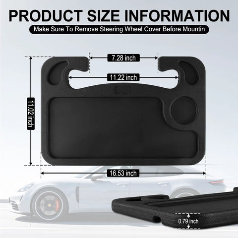 Steering Wheel Desk For Laptop And Eating Two In One Car Tray With Cup Holder dimensions and design, black multipurpose travel accessory.
