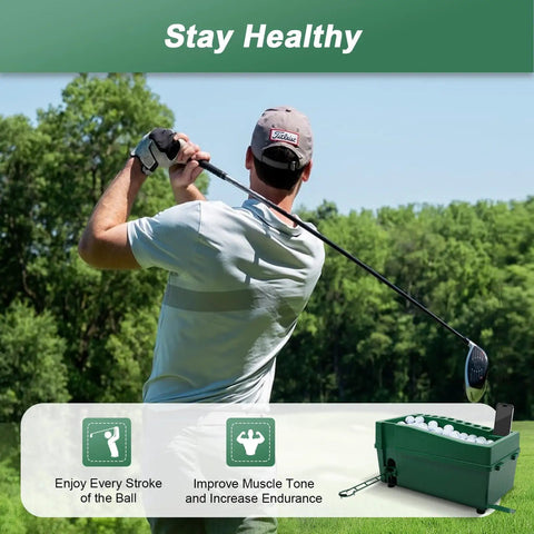 Cordless Automatic Golf Tee Machine With 100 Ball Capacity Indoor Swing Trainer showcased on a golf course