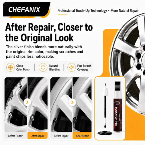 Light Silver Wheel Rim Touch Up Paint With Built In Brush For Knocking Out Curb Rash And Scrapes On Alloy Rims Plus Faster Five Minute Set For A Clean Showroom Grade Finish Daily, showcasing before and after repair results.