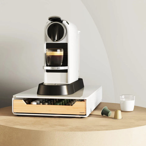Bamboo PodStash Coffee Pod Storage Drawer Holder For Nespresso Pods 60 Pod Capacity White Modern Countertop Organizer display