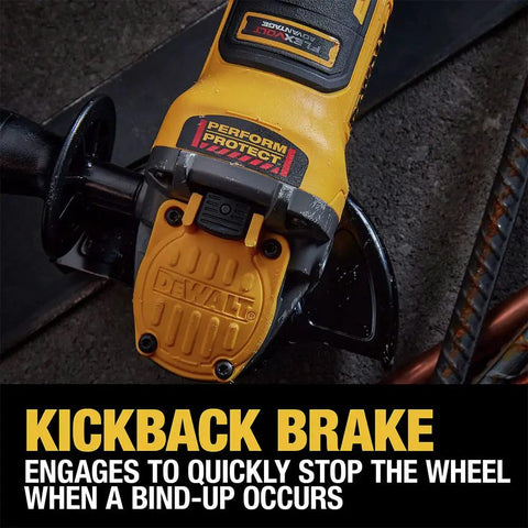 Close-up of Heavy Duty Angle Grinder With 20V Max FlexVolt Advantage Muscle kickback brake feature, designed for safety during use.