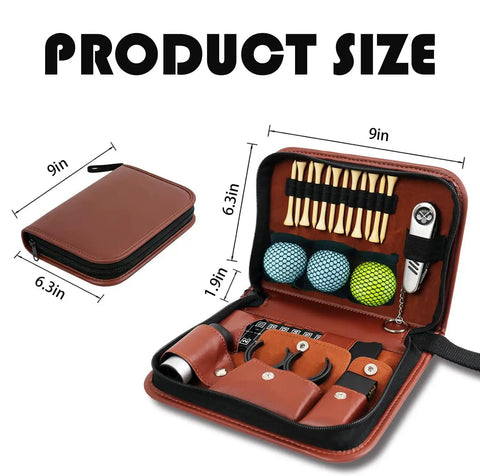 Ultimate Golf Gift Set For Men And Women With Rangefinder Multi Function Golf Tool Balls Brushes in brown leather case