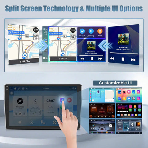 Premium 10.1 Inch Android 15 Car Radio Stereo Head Unit Kit showcasing split screen navigation and customizable UI options.