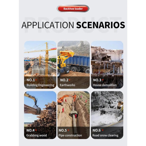 Six application scenarios for Backhoe Loader Do-It-All Combo For Farm Use, Compact Tractor Excavator. Images of construction tasks.
