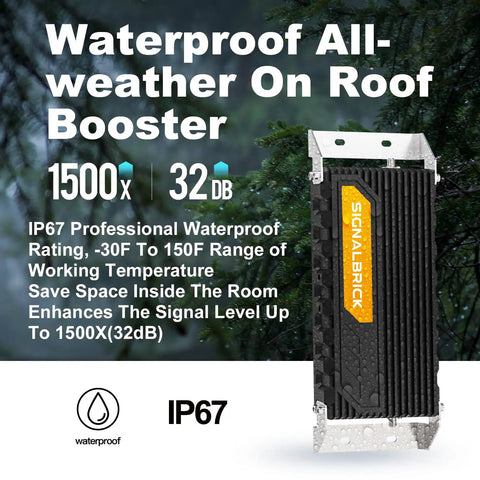 Heavy Duty Cell Phone Signal Booster With Two Indoor Dome Antennas For Buildings Up To 12000 Sq Ft shows waterproof outdoor amplifier.