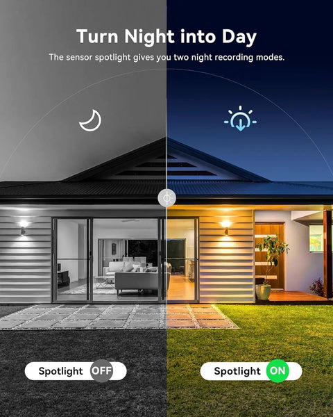 House exterior showing PoE NVR Add On Security Camera For Wired CCTV Recorders 4K Ultra HD Video, spotlight on and off comparison.