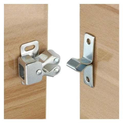 Cool 10 Pack Cabinet Latch Catches With Built-in Spring Auto Locks To Secure Wardrobes Cupboards And Kitchen Drawers Perfect For Hardware Fittings And Easy Setup On Any Home Makeover Project Today - silver metal catch close-up on wooden cabinet doors.
