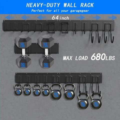 Heavy Duty Garage Tool Organizer Wall Mount Rack With 680 Pound Capacity And 10 Adjustable Hooks For Garage Shed And Workshop Keeping Tools Off The Floor Industrial Grade Powder Coated Carbon Steel Construction For Maximum Durability Black Finish, shown holding weights