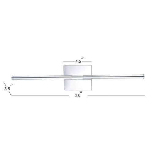 Chrome Modern Dimmable Integrated LED Wall Sconce 28 Inch with dimensions and sleek chrome finish, depicted from front view.