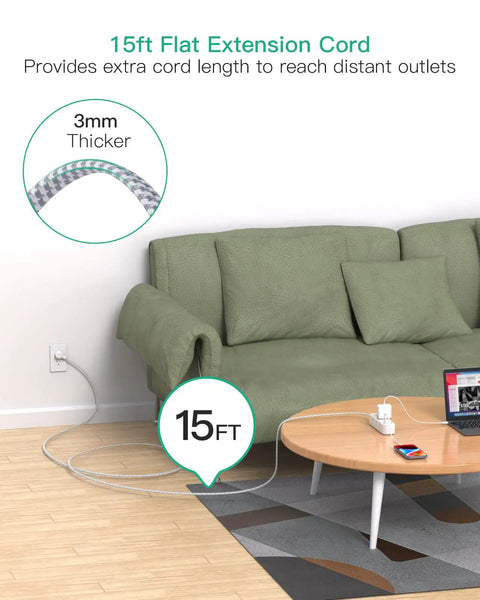 Heavy Duty Surge Protector Power Strip With 15 Foot Extension Cord Featuring 13 Outlets And Four Smart Usb Ports For Plug And Play Hella Smooth Multi Device Charging Setup near green couch.