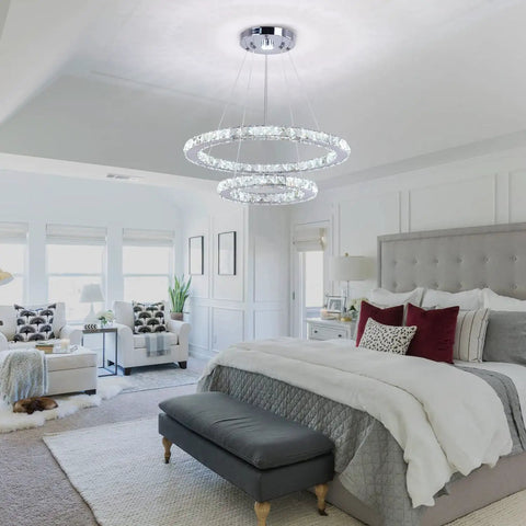 LED Modern Crystal Ring Pendant Chandelier With Two Adjustable Rings And K9 Crystals, Stainless Steel Ceiling Light Fixture in bedroom