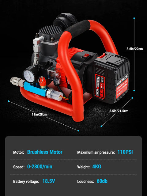 Ultra Quiet Cordless Air Compressor Compatible With Makita 18V 21V Battery, Lightweight 60dB with pressure gauge and red handle
