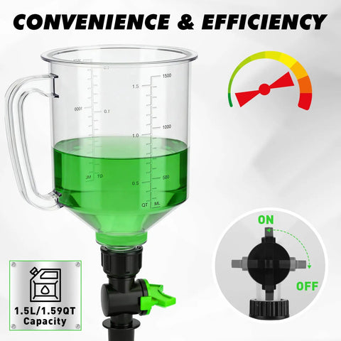 No Spill 20 Piece Engine Oil Funnel Kit with green liquid and on-off valve, 1.59QT capacity marked on transparent funnel.