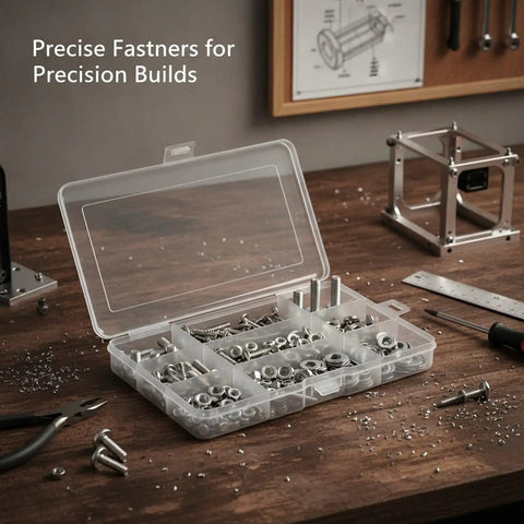 2 Lb Iron Screw And Nut Assortment Kit With 24 Sizes In Durable PP Case 660 Pieces For 3D Printer Builds DIY Repairs Home Projects Heavy Duty Fasteners Ready To Go open PP case with iron screws and nuts on workbench