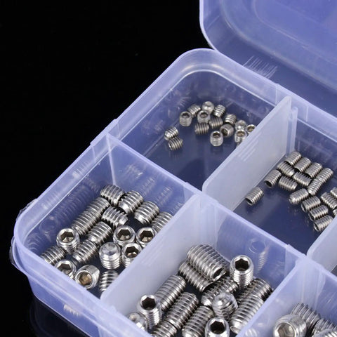 200 Piece Hex Set Screw Kit Stainless Steel M3 M4 M5 M6 M8 socket screws in a plastic organizer box