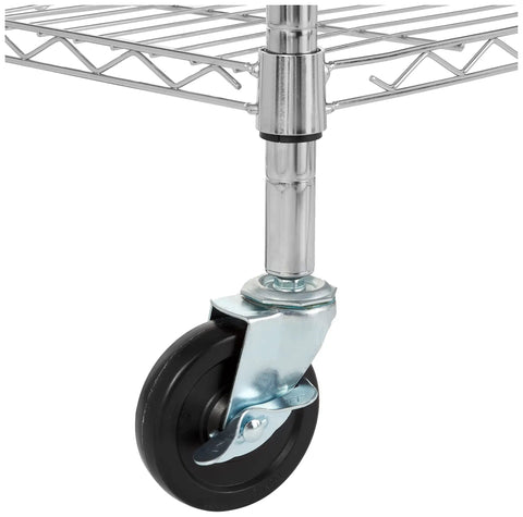 Five Shelf Adjustable Wire Storage Rack Heavy Duty Shelving Unit With Mobile Casters Chrome Steel Build Easy Snap Assembly wheel close-up.