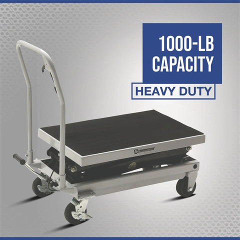 Heavy Duty Hydraulic Table Cart With Fast Two Speed Lift And 1000 LB Capacity Built Tough For Garage Projects with black platform and sturdy frame.