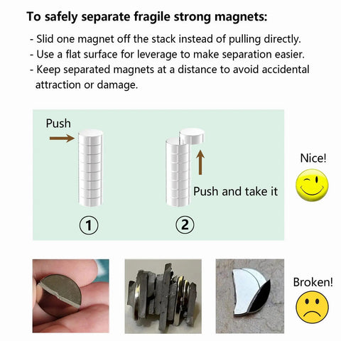 Instructions for safely separating 30 Pack Bombproof N52 Neodymium Disc Magnets Three Eighth Inch Diameter Quarter Inch Thick Rare Earth Pot Magnet.