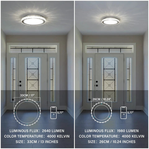 Mini Flush Mount LED Ceiling Light With Crystal K9 Glow That Is Lit, 10.24 Inch Overhead Fixture, 4000K Daylight, in hallway