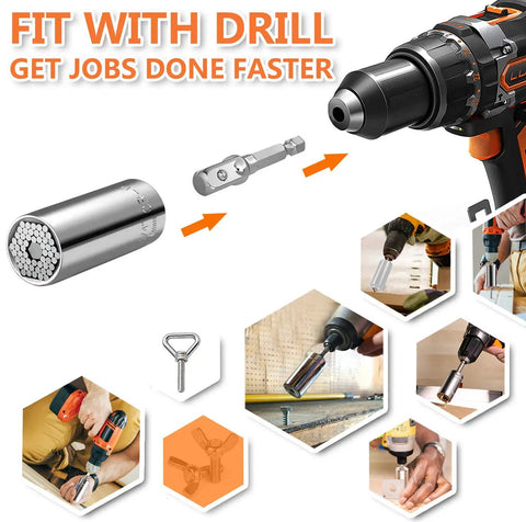 Universal Socket Wrench Set With Three Eighths Inch Ratchet And Drill Adapter shown with drill, adapter, and usage applications