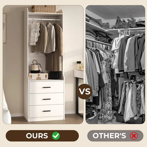 Spacious White Wardrobe Closet System With Three Deep Drawers And A Sturdy Hanging Rod, showcasing organized clothes and a tidy design.