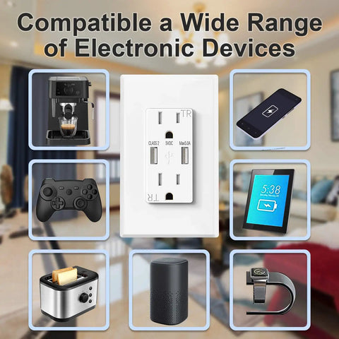 Image showing a 10 Pack Dual USB Wall Outlet With 5.0A Fast Charging Ports, Duplex 15A Tamper Resistant Receptacles in a home setting.