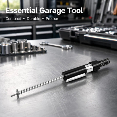 Heavy Duty Brake Pad Thickness Gauge With Slim Probe For Quick No Wheel Removal Checks Precise Millimeter Scale For Internal And External Pads on garage table.