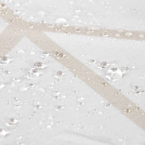 Close-up of water repellent fabric with water beads showcasing Straight Up Solid Bathroom Glow Up With Super Sleek Water Repellent Fabric And Genuinely Tough Weighted Hem Design Featuring Rust Free Steel Grommets Plus Heavy Duty Hooks For Zero Hassle Everyday Use.