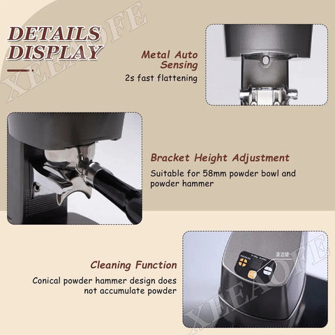 No Brainer 58Mm Espresso Coffee Tamper, Rock Solid Stainless Steel Manual Press with details on metal auto sensing and height adjustment.