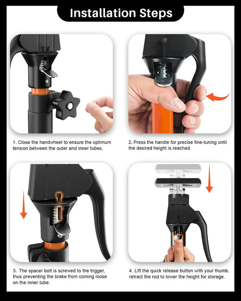 Installation steps for Get The Crew With This Adjustable Cabinet Jack Support Pole; adjusting height and securing parts.