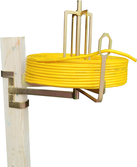Folding Wire Spool Rack for Floor or Stud Mounting, featuring yellow Romex wire, mounted on wooden stud, space-saving organizer.